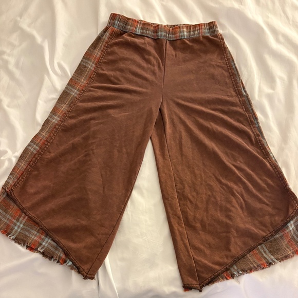 Oli and Hali Wide Leg Crop Mineral Washed Brown Plaid Mix Pants Combo--Large - Picture 1 of 1